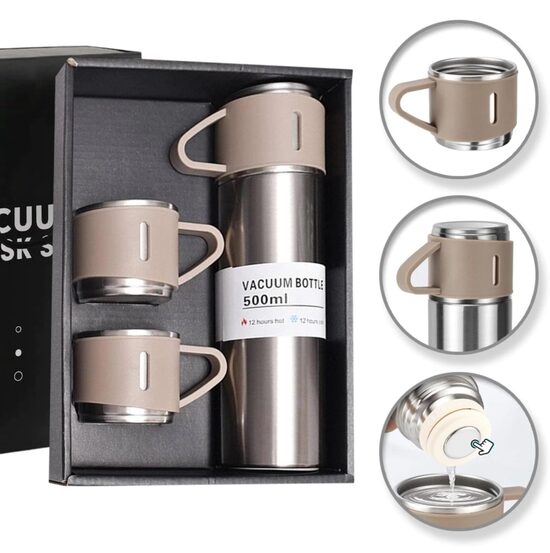 Термос подарочный набор с 3 чашками, бежевый